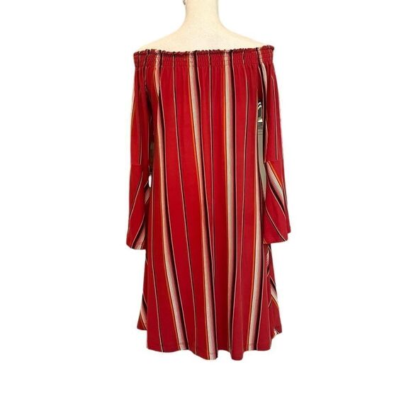 Off The Shoulder Flowy Boho Flared Bell Sleeve Peasant Top Red Striped - Picture 2 of 5